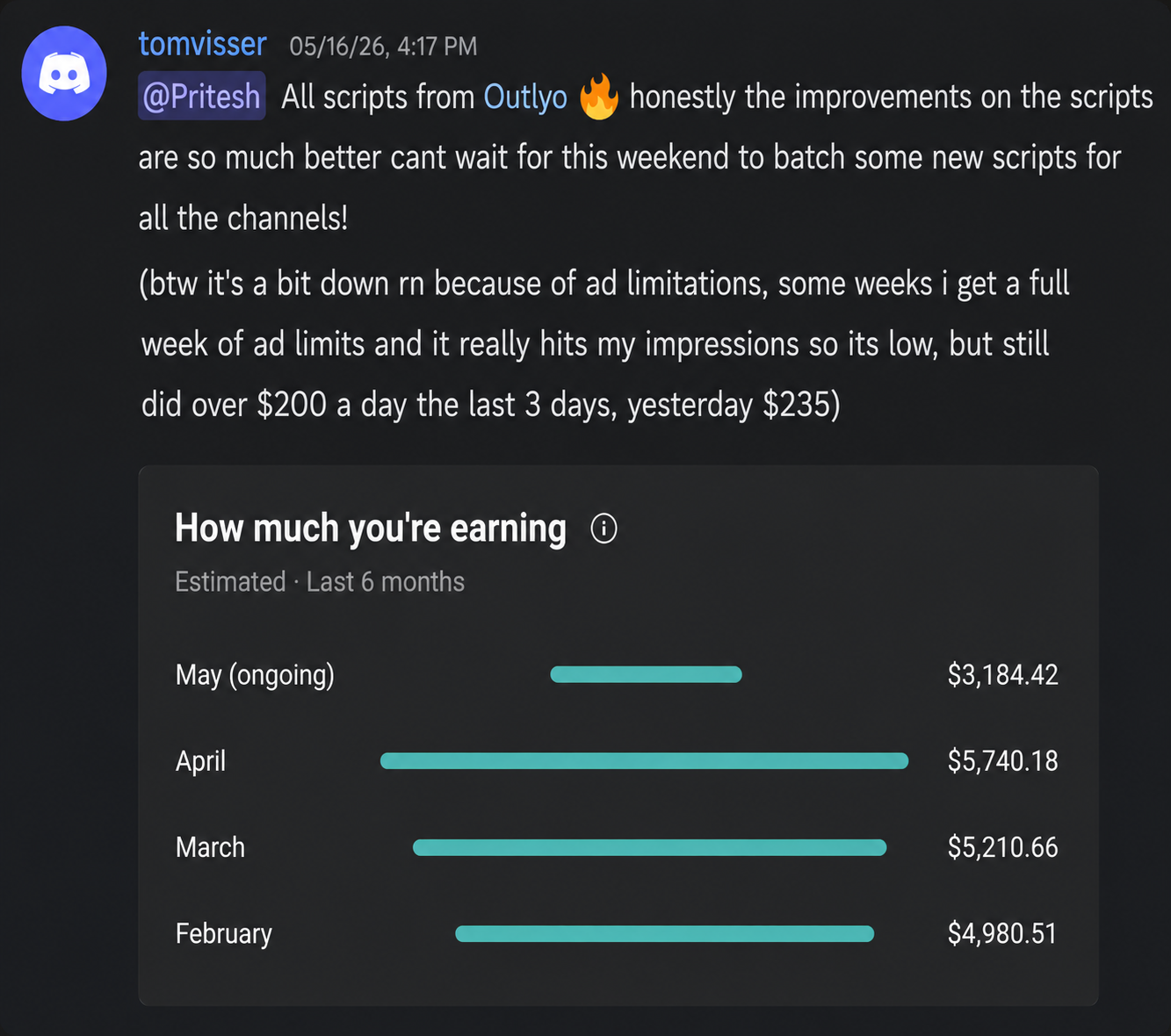 Discord message from Tom showing $200+ per day in YouTube earnings with Outlyo