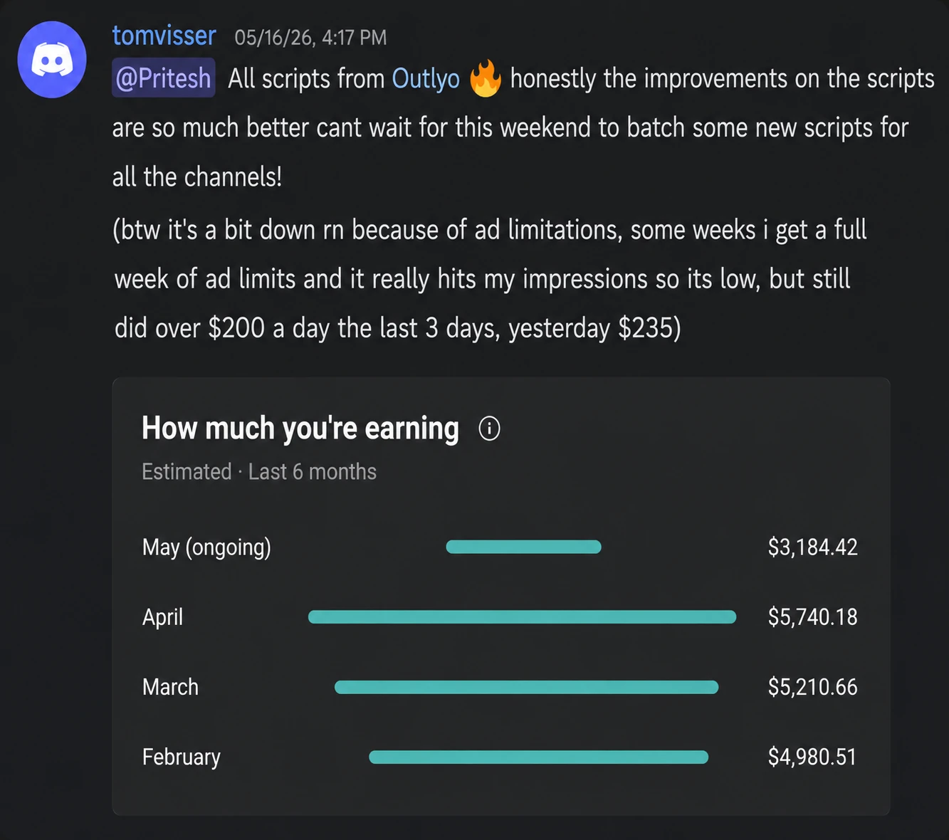 Discord message from Tom showing $200+ per day in YouTube earnings with Outlyo